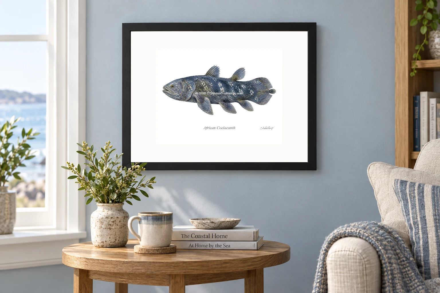 African Coelacanth in a black 14 × 11 landscape frame, white mat and 10 × 8 opening, above a wooden console