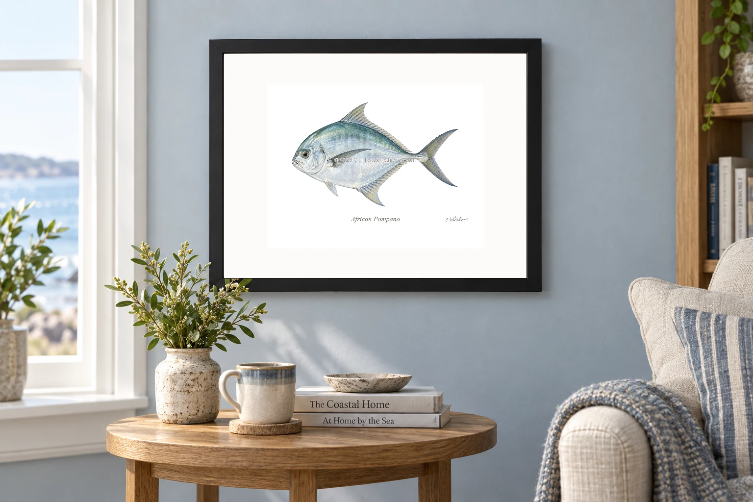 African Pompano in a black 14 × 11 landscape frame, white mat and 10 × 8 opening, above a wooden console