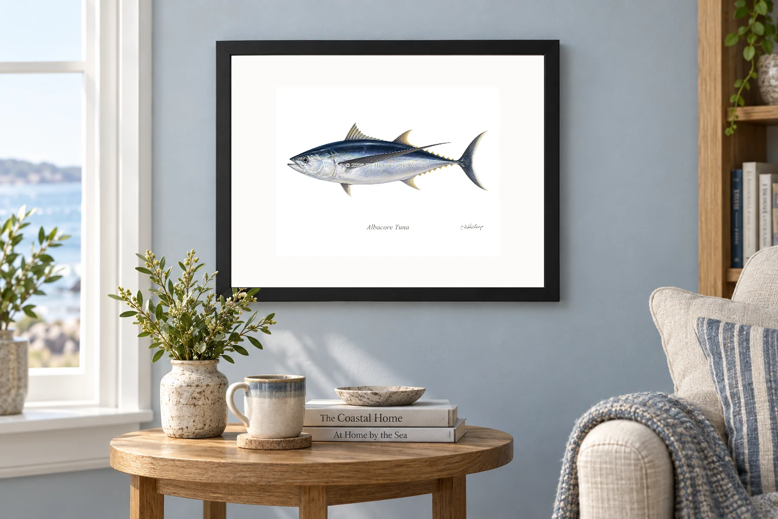 Albacore Tuna in a black 14 × 11 landscape frame, white mat and 10 × 8 opening, above a wooden console