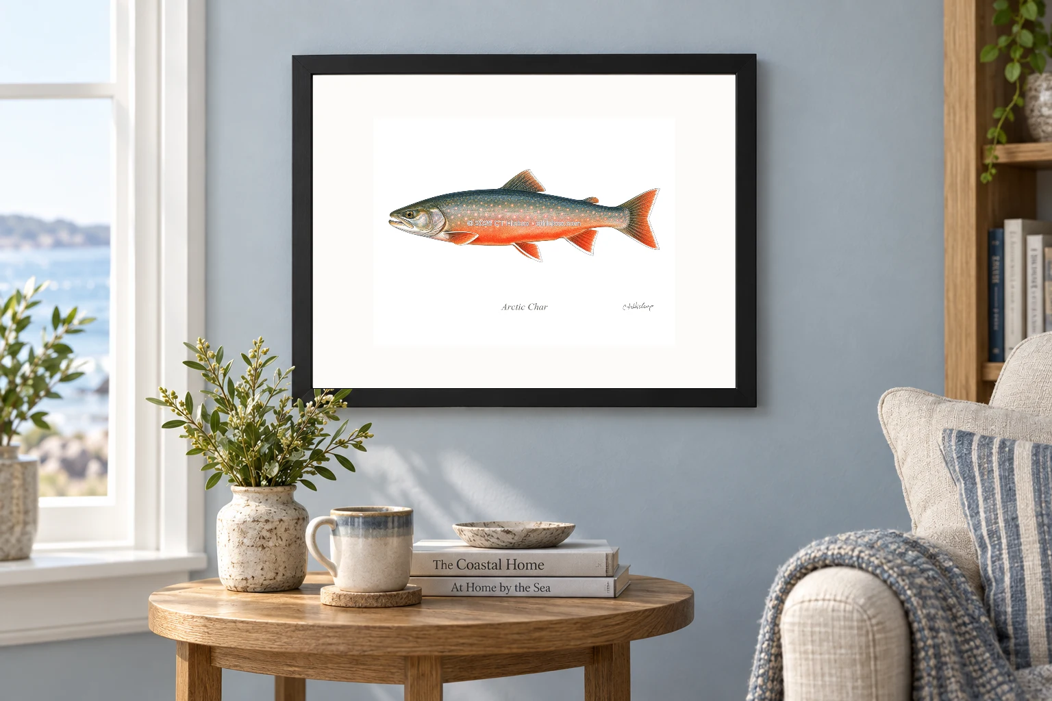 Arctic Char in a black 14 × 11 landscape frame, white mat and 10 × 8 opening, above a wooden console