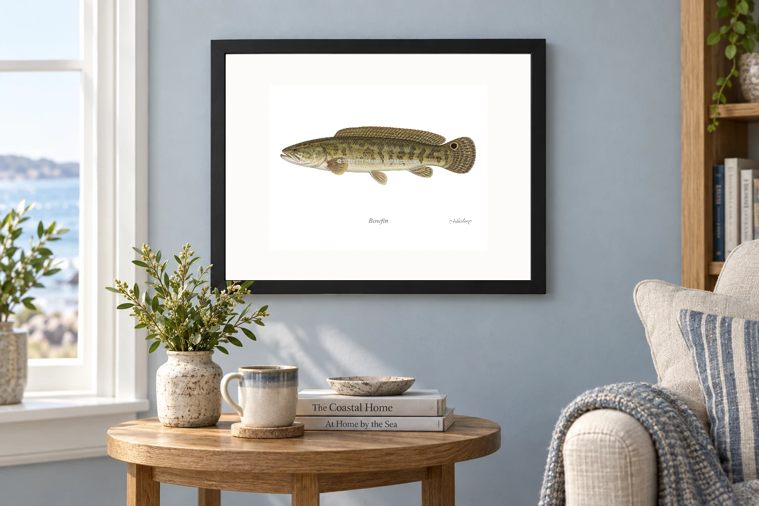 Bowfin in a black 14 × 11 landscape frame, white mat and 10 × 8 opening, above a wooden console