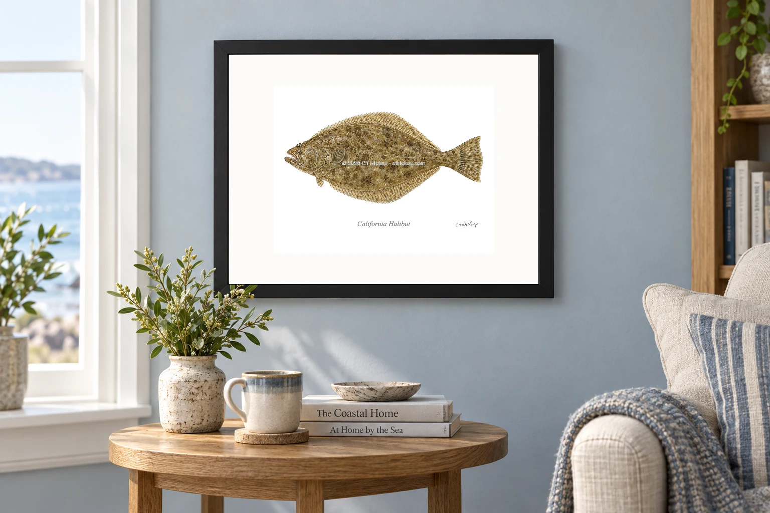 California Halibut in a black 14 × 11 landscape frame, white mat and 10 × 8 opening, above a wooden console