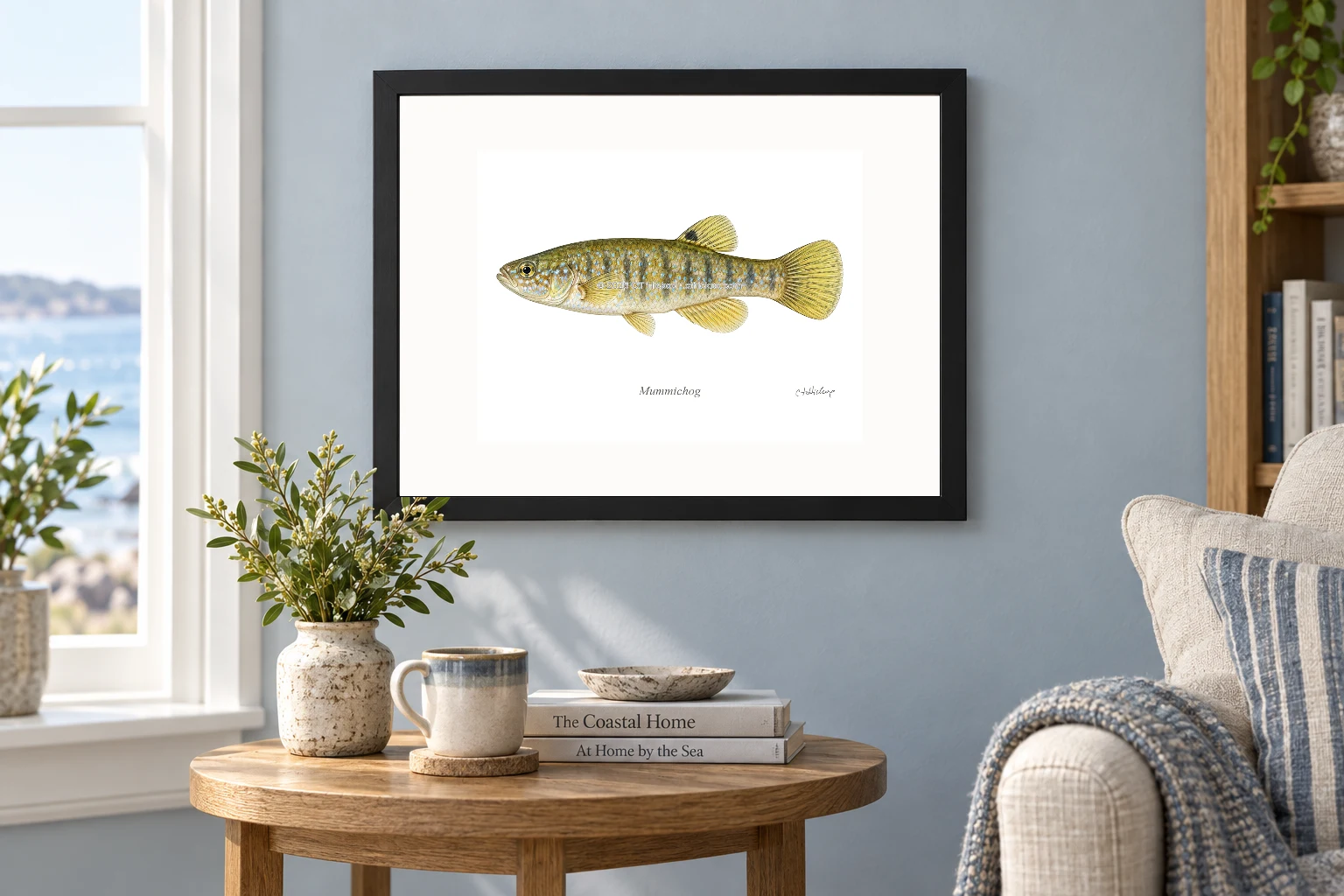 Mummichog in a black 14 × 11 landscape frame, white mat and 10 × 8 opening, above a wooden console