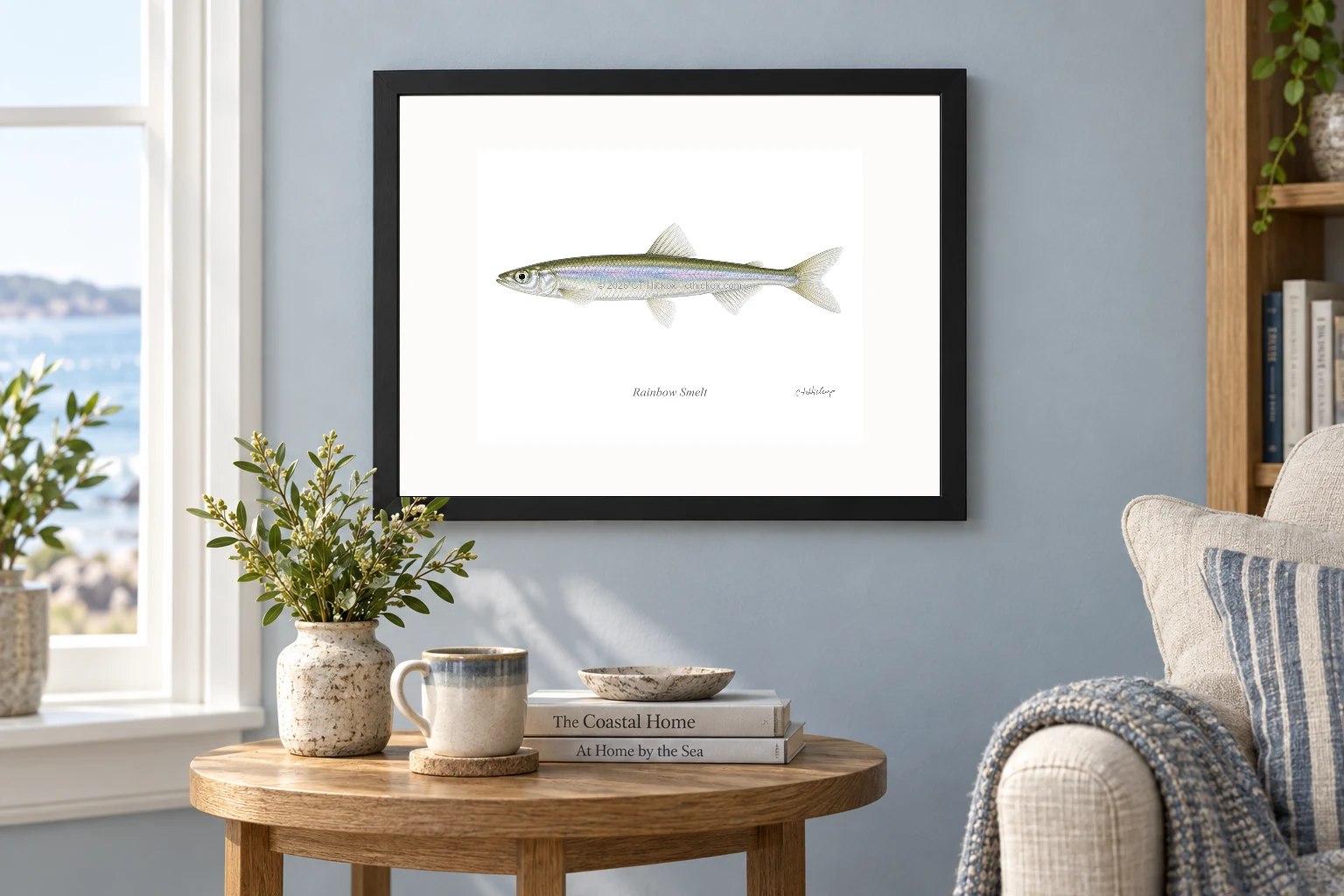 Rainbow Smelt in a black 14 × 11 landscape frame, white mat and 10 × 8 opening, above a wooden console