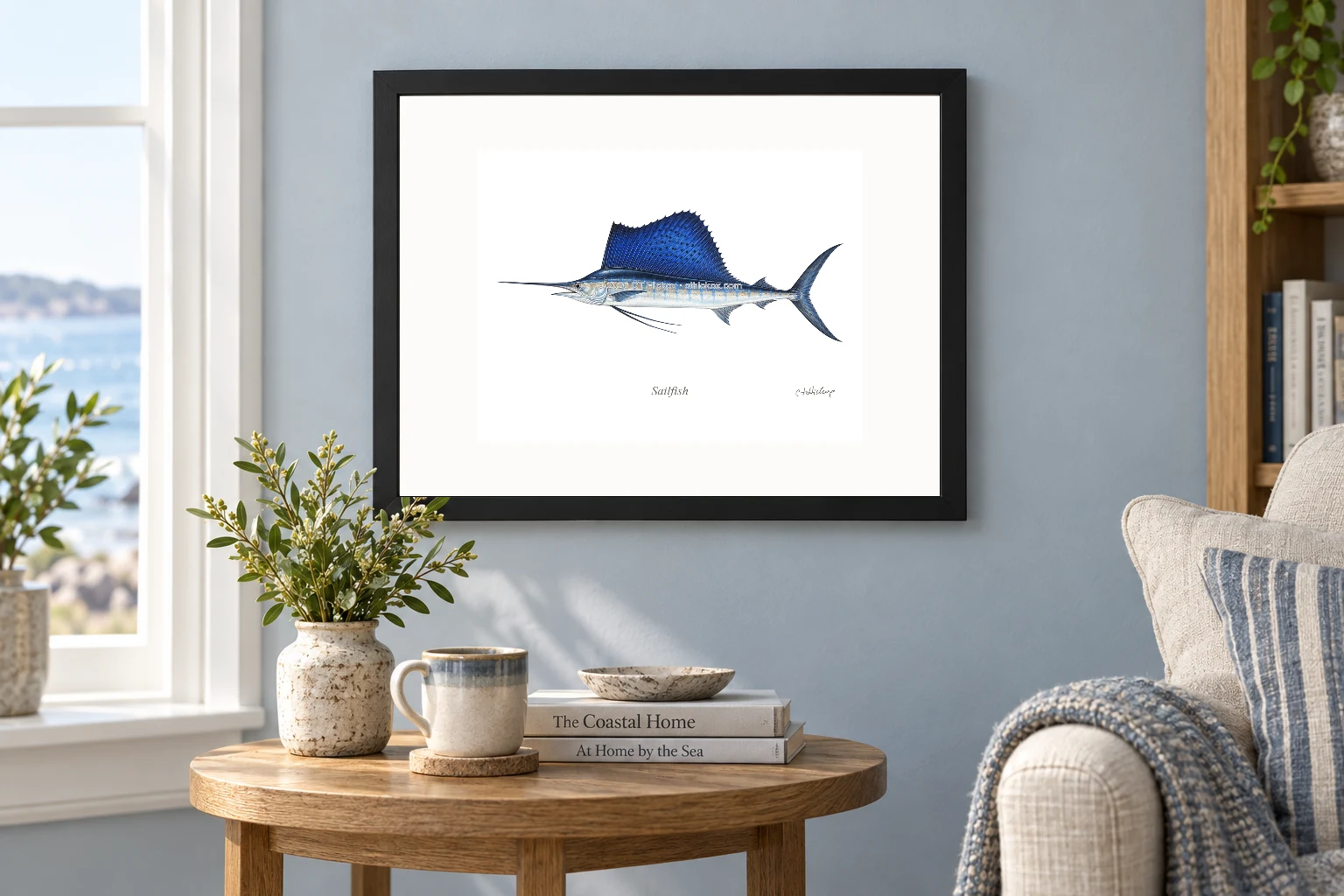 Sailfish in a black 14 × 11 landscape frame, white mat and 10 × 8 opening, above a wooden console