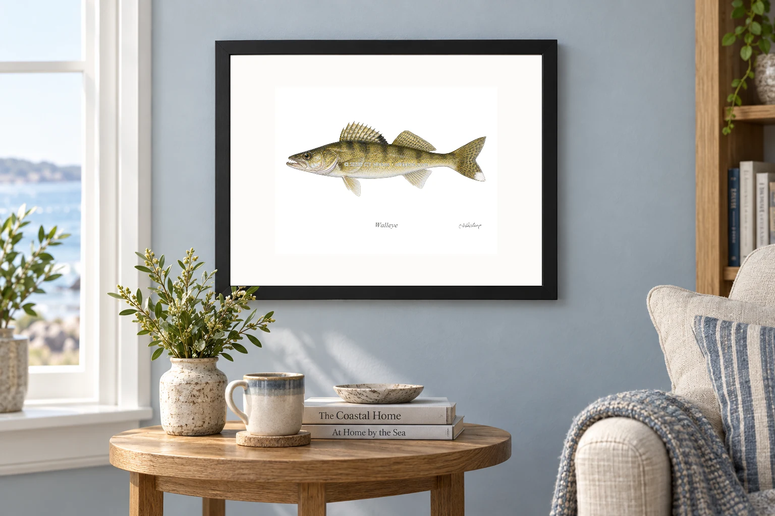 Walleye in a black 14 × 11 landscape frame, white mat and 10 × 8 opening, above a wooden console