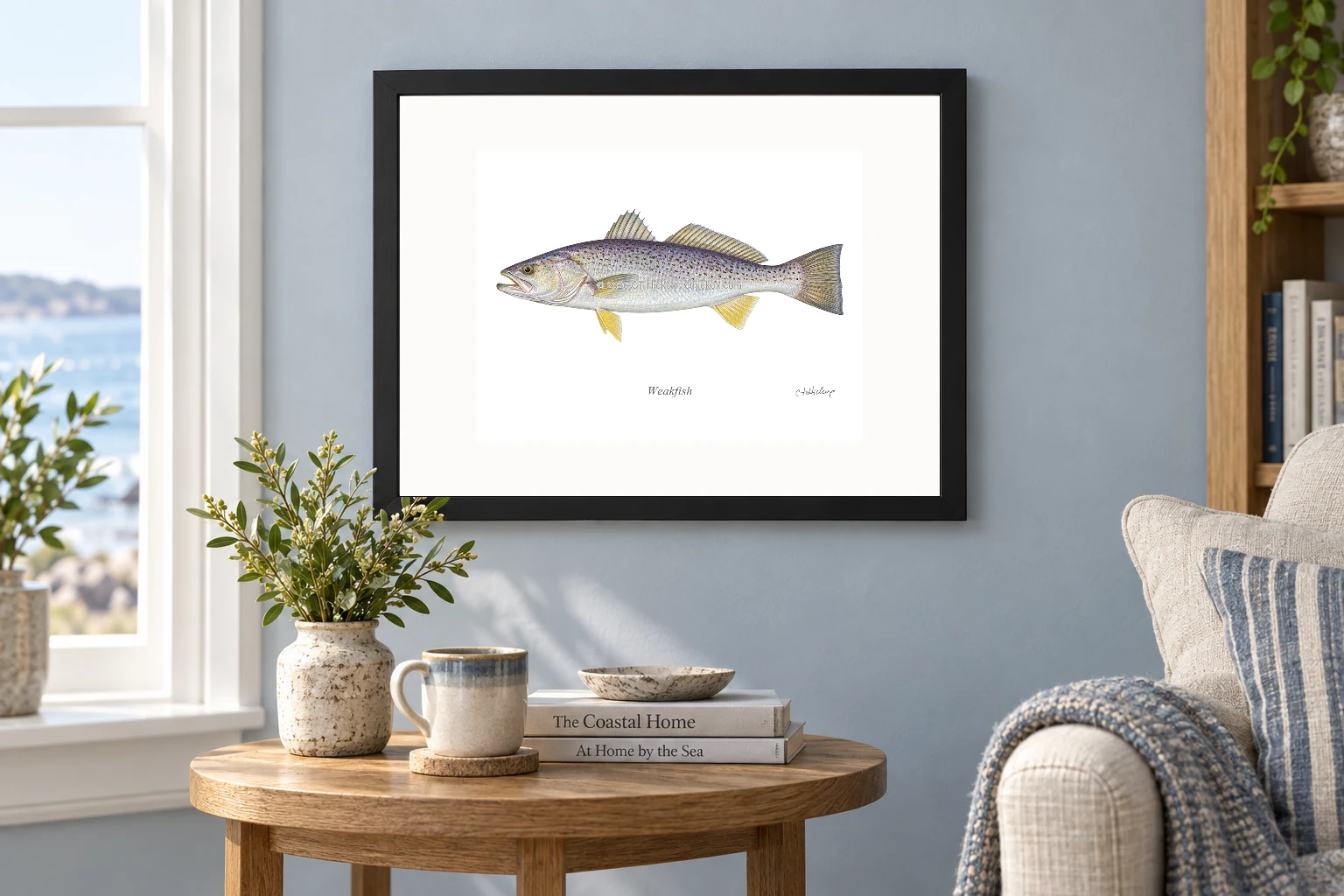 Weakfish in a black 14 × 11 landscape frame, white mat and 10 × 8 opening, above a wooden console