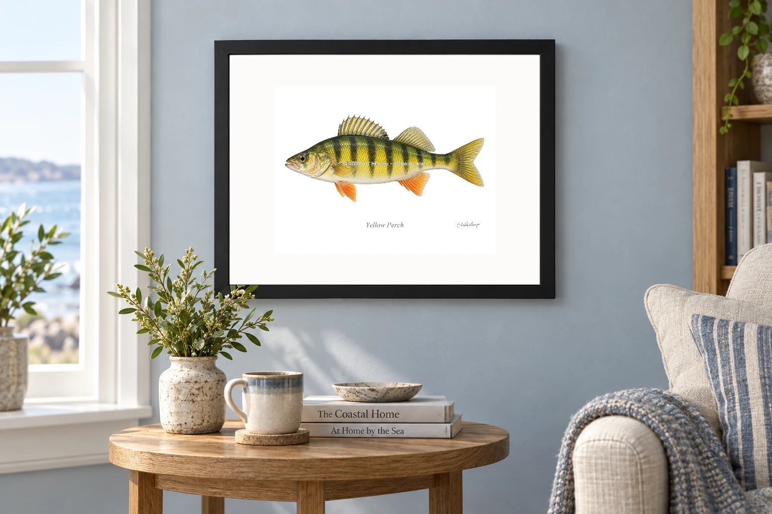 Yellow Perch in a black 14 × 11 landscape frame, white mat and 10 × 8 opening, above a wooden console